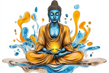 Obraz premium A serene 2D rendering of a divine being floating in the cosmos, drawn in soft pastel tones with glowing accents on a white backdrop