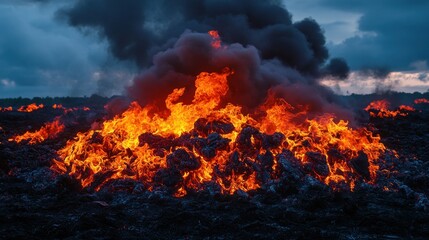 Fiery inferno with dark smoke billowing.