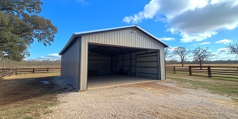 Rural Metal Garage Building Open Door Ranch Countryside Farm