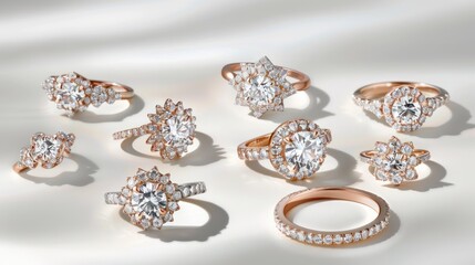 A detailed shot of jewelry on white, with sparkling diamonds and gold rings elegantly displayed,