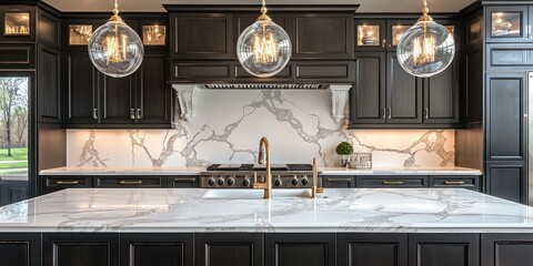 A luxurious kitchen with a white marble countertop, deep black cabinetry, and soft pendant lights