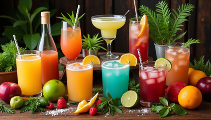 Fototapeta premium Vibrant cocktails and juices arranged with fruits and herbs on rustic wooden background, festive atmosphere 