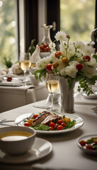 Fototapeta premium A plate of delicious grilled chicken salad adorned with fresh vegetables and topped with creamy dressing, served in a sophisticated dining setting featuring a glass of wine and fine cutlery.