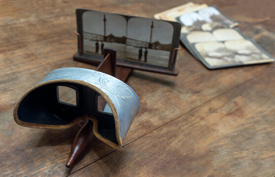 Vintage stereoscope for viewing stereo photos. Antique device for viewing three-dimensional photographs.