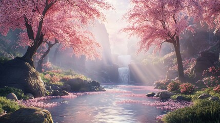 Cherry blossom garden with lush pink flowers cascading over a tranquil landscape, bathed in soft sunlight and gentle shadows.