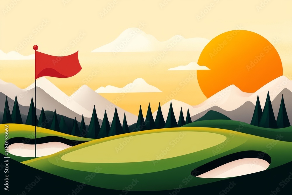 Poster a sleek vector illustration of a golf flag blowing in the wind on a simplified green, using bold geo