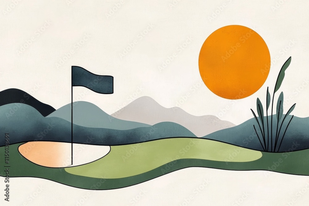 Poster a sleek vector illustration of a golf flag blowing in the wind on a simplified green, using bold geo