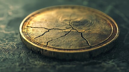 Surreal Representation of a Cracked Coin on a Textured Surface