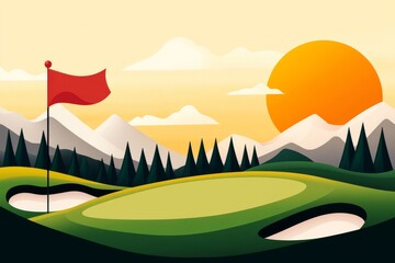 Obraz premium A sleek vector illustration of a golf flag blowing in the wind on a simplified green, using bold geometric shapes and soft pastel colors