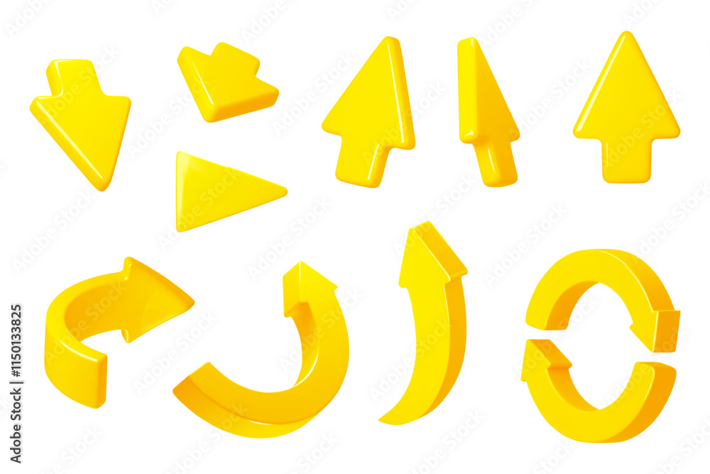 Poster 3d arrows and pointers. yellow interactive cursors, different directions and forms, turns, circular,
