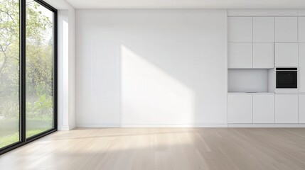 Obraz premium A bright, minimalistic interior space featuring large windows, natural light, and a modern kitchen design, creating an inviting atmosphere.