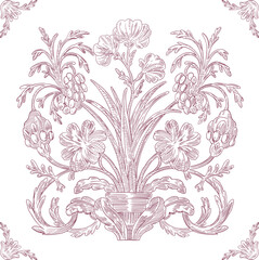 Elegant Floral Ornament Seamless Pattern Background, Toile de jouy Vintage Classic Damask Style