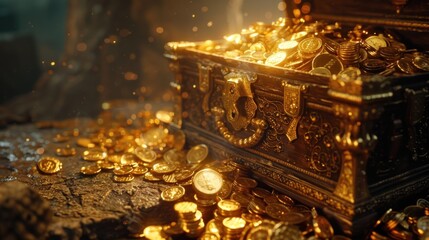 A dramatic scene of gold treasure, with gold coins and bars spilling from an ancient chest,