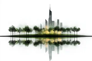 A soft watercolor painting of a futuristic cityscape blending lush green parks and glowing skyscrapers