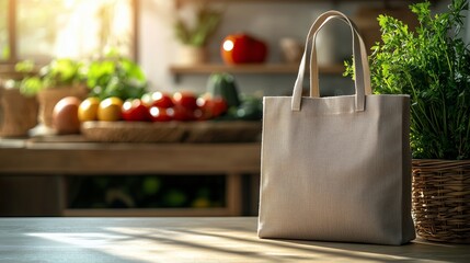 Grocery Bag on Table with Fresh Vegetables Nearby