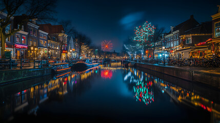 Obraz premium A stunning fireworks display above Amsterdams canals with colorful reflections creating a magical atmosphere.