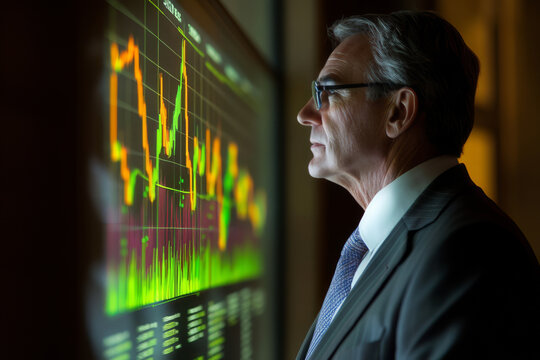 A man in business suit looking at holographic charts