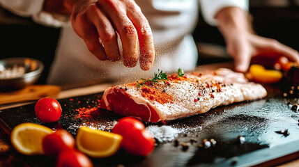 Préparation de la viande de boeuf crue par le chef cuisinier