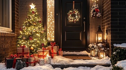 Obraz premium Festive Christmas Entrance with Decorated Tree and Gifts