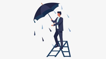 Ambitious Businessman Climbing Career Ladder with Umbrella