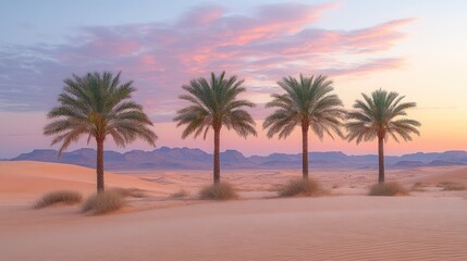 Fototapeta premium Four palm trees in desert sunset.