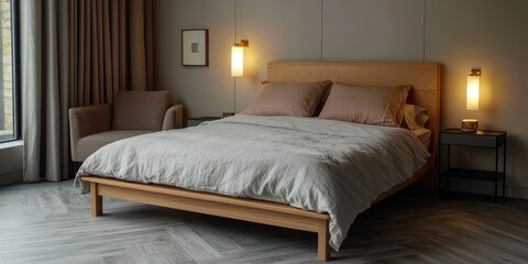A minimalist bedroom featuring an oak wood bed frame, bathed in soft, warm lighting