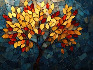 Colorful stained glass artwork depicts a majestic tree with golden and red leaves, celebrating autumn in detail