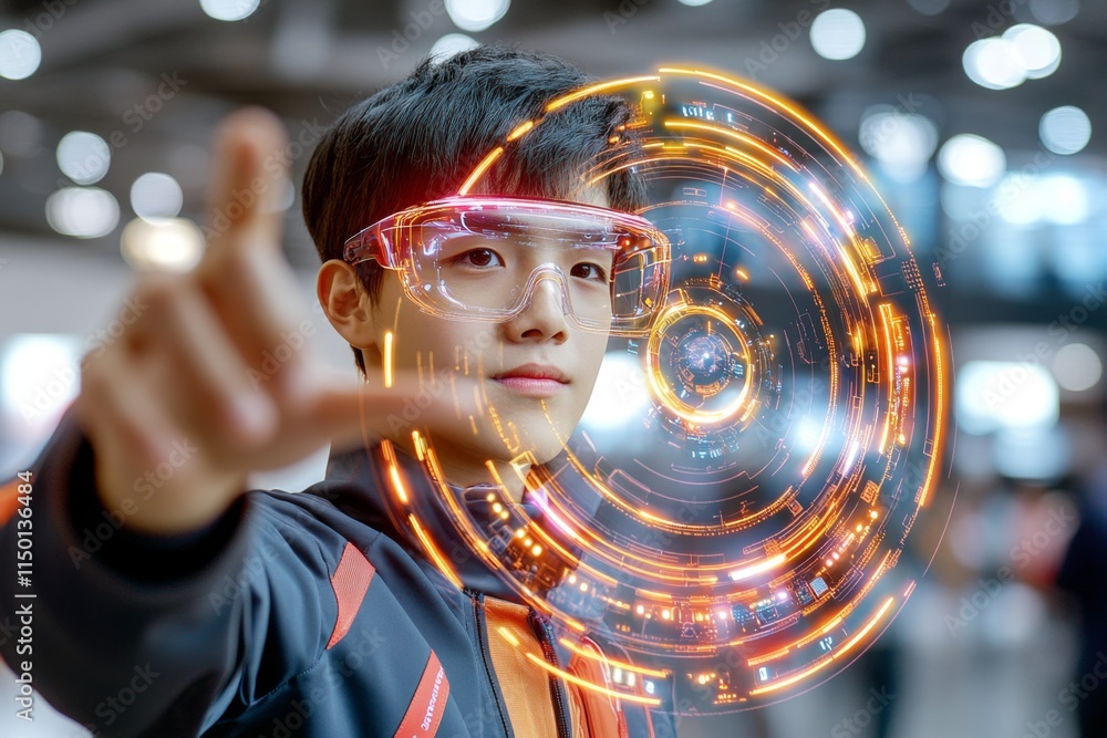 Poster a teenager designing a 3d model of a futuristic invention using an advanced holographic interface