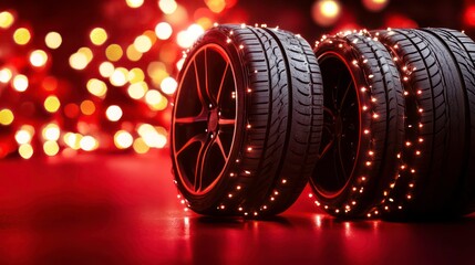 Car tires decorated with Christmas lights on red background, car parts shop Christmas theme background