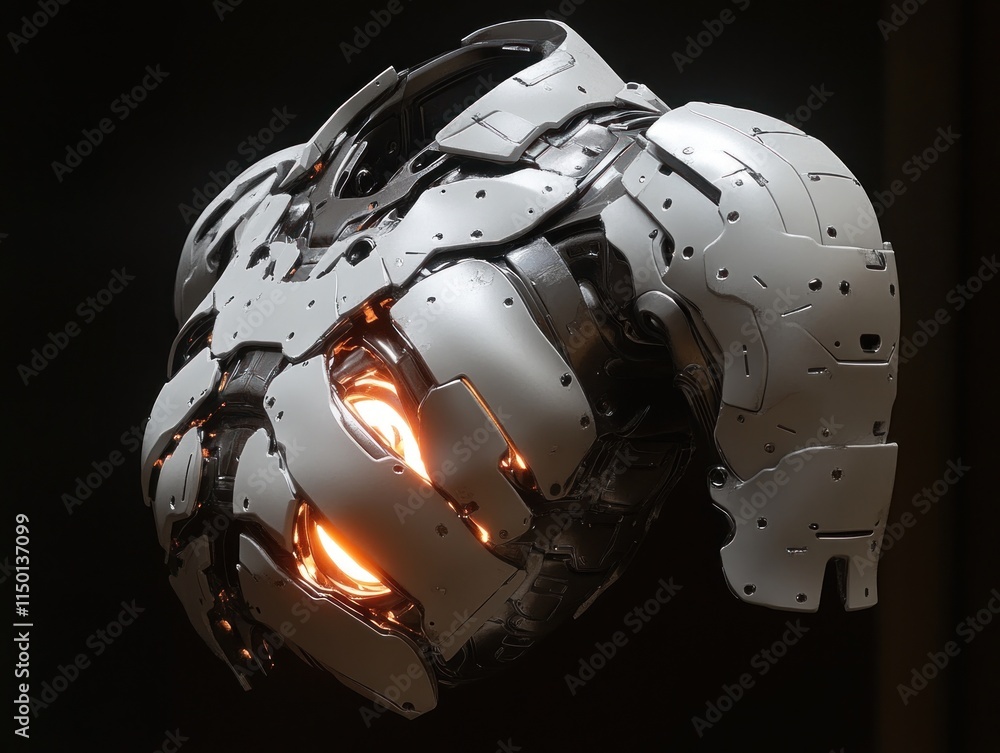 Poster a detailed cybernetic torso with layered armor and a glowing core highlights advanced tech and desig