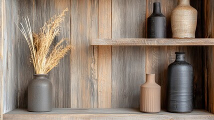 Stylish decor with vases and dried grass