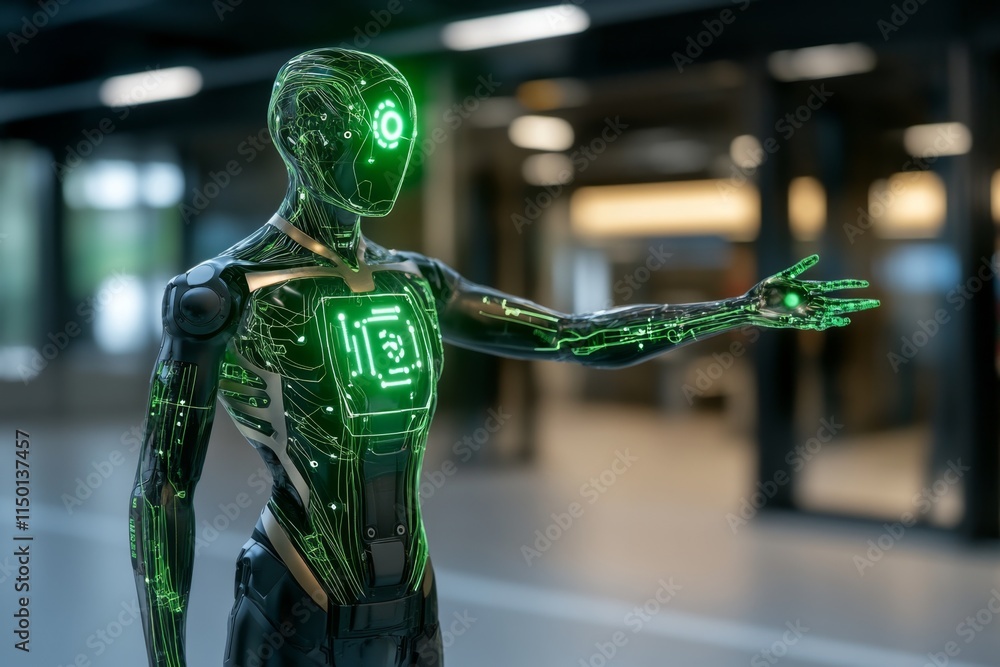Poster a vibrant digital illustration of a future scientist interacting with a glowing ai entity in a lab f