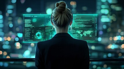 Professional Woman Analyzing Global Data and Information on Futuristic Digital Displays