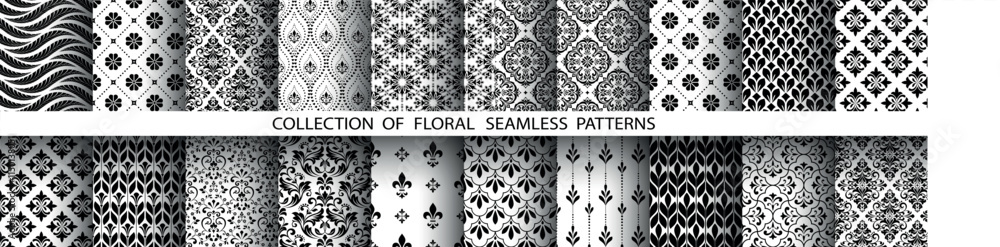 Aufkleber geometric floral set of seamless patterns. white and black vector backgrounds. damask graphic orname