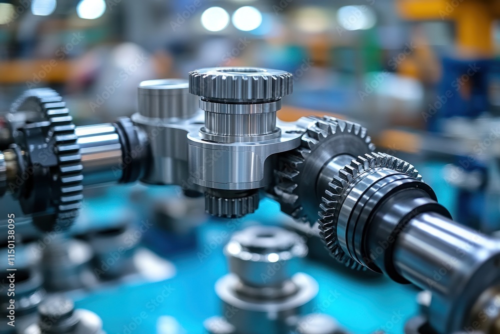 Poster view of a mechanical elbow joint with gears and pistons in a factory during assembly