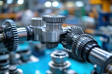 View of a mechanical elbow joint with gears and pistons in a factory during assembly
