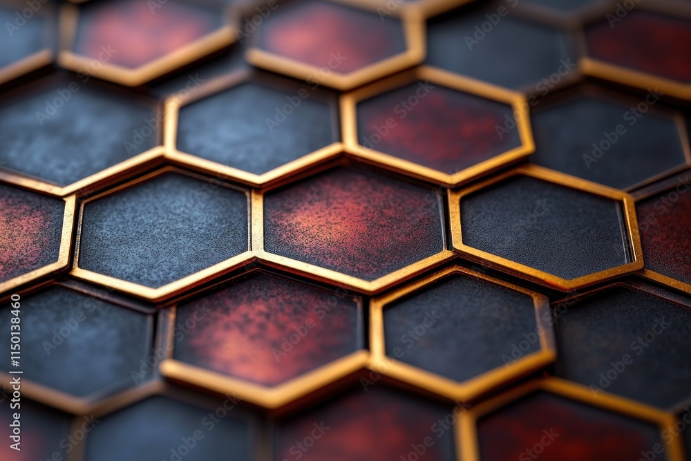 Aufkleber close-up view of interwoven hexagon patterns featuring rich gold and deep red tones showcasing a mod
