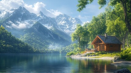 Fototapeta premium Secluded log cabin by serene lake, majestic mountains.