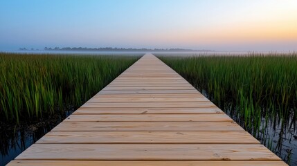 Fototapeta premium A tranquil wooden boardwalk stretches into a misty landscape, flanked by lush greenery, under a soft pastel sky at dawn.