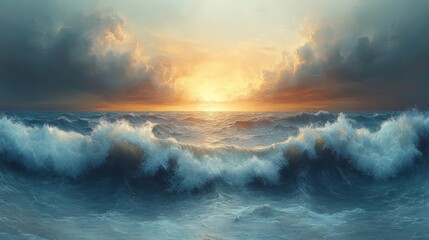 Obraz premium Ocean waves crashing, sunset sky, dramatic.