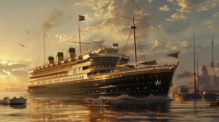 Fototapeta premium A grand luxury liner at port, with passengers boarding and enjoying the start of their elegant journey,
