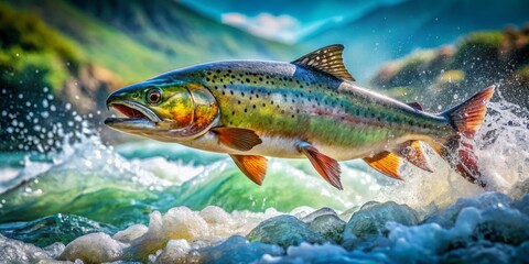 Fototapeta premium Upstream Struggle: Fish Determination, Resilience, Courage, Action Shot