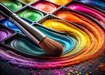 Fototapeta premium Vibrant Eyeshadow Palette: Colorful Makeup Swatches on Glossy Surface - Action Shot