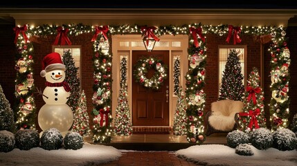 Obraz premium Festive Christmas Home Exterior Decor with Inflatable Snowman and Garland Lights