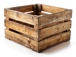 Wooden Crate Isolated White Background - Rustic Shipping Box,  Empty Wooden Container,  Thirds Rule Photography