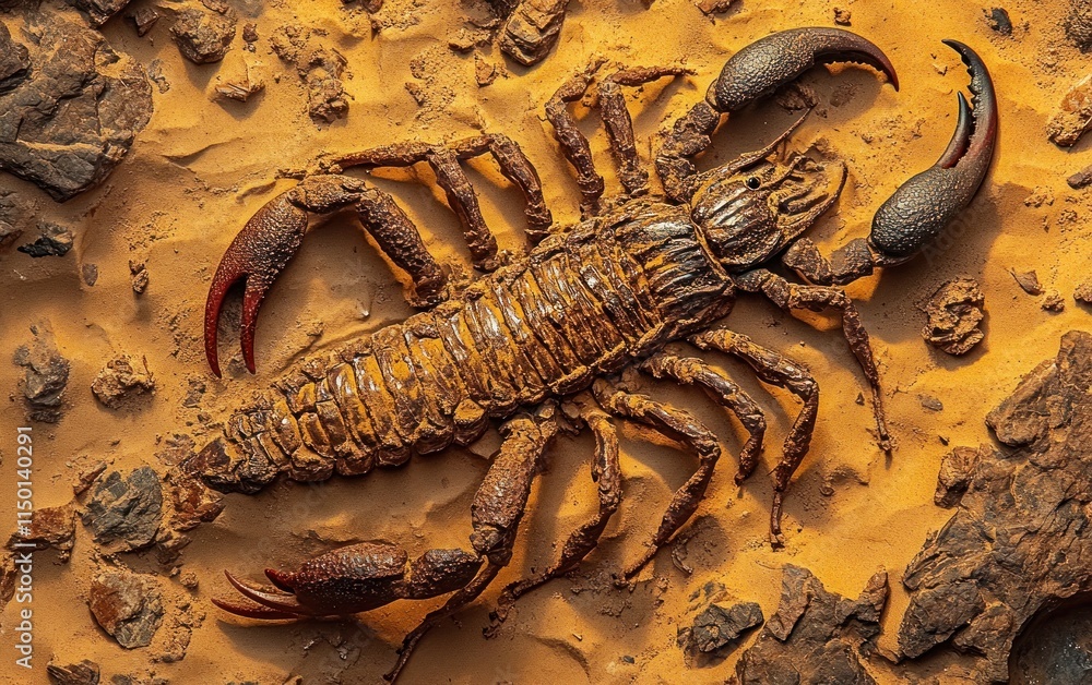 Poster a detailed view of a fossilized scorpion showcasing its pincers and tail, embedded in a layer of san
