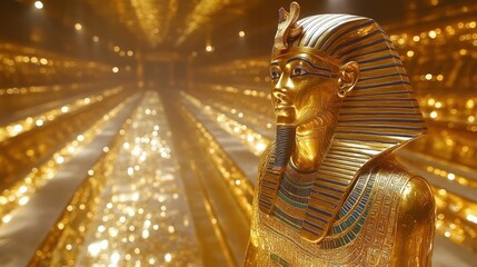 Obraz premium Golden Egyptian pharaoh statue in a museum, illuminated by spotlights, showcasing ancient Egyptian artifacts.