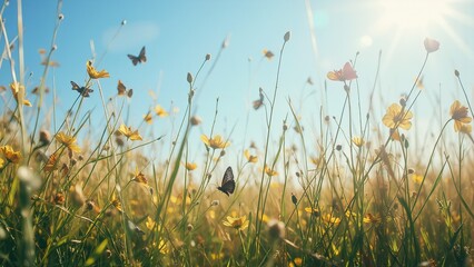Fototapeta premium Butterflies in wildflower meadow under bright blue sky.