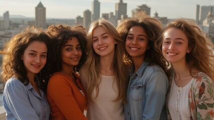 Obraz premium Diverse group of women smiling on city rooftop.