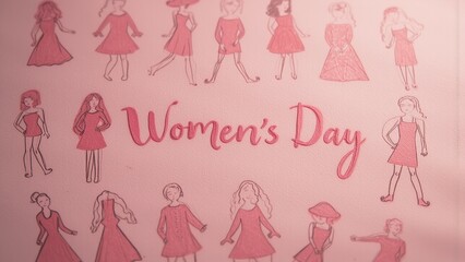 Pink Women’s Day illustration with stylized figures.
